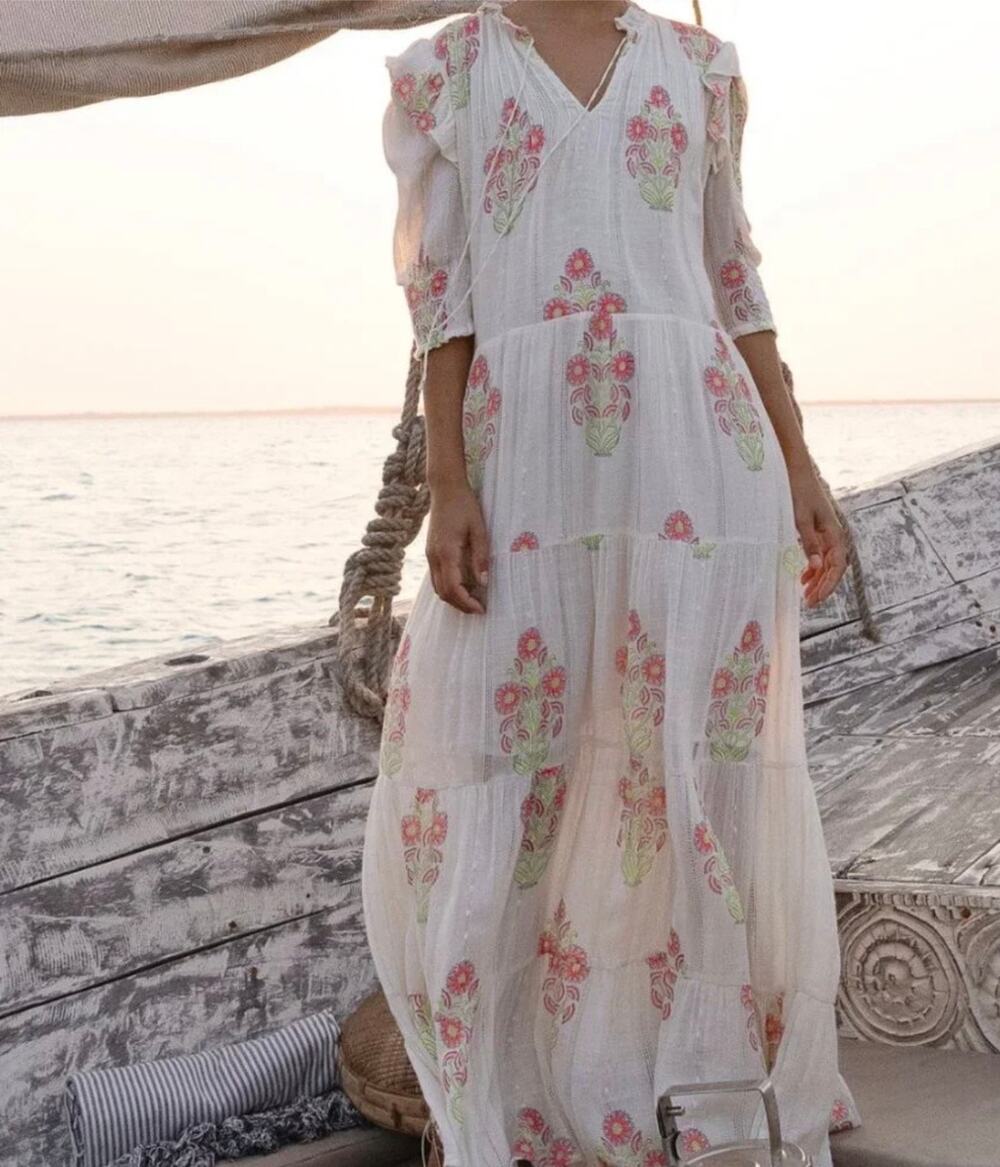 Oliphant Pintuck Ruffle Maxi in Algarve Pink & Cream Size Large